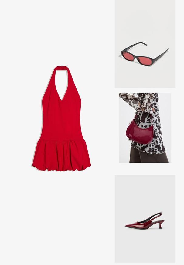 Robe rouge à col licou avec un profond décolleté en V et une jupe évasée froncée, modèle sans manches avec un corsage ajusté.; Escarpins à talons aiguilles en cuir verni bordeaux, avec un bout pointu et un élégant talon stiletto. Design à dos ouvert avec une sangle à la cheville réglable.; Lunettes de soleil ovales noires avec des branches fines et des verres teintés rouges posées sur une surface blanche.; Femme portant un chemisier à motif noir et blanc tenant un sac à main rouge brillant sur un fond uni.
