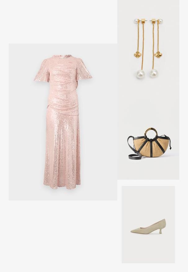 Langes pinkes Pailletten-Kleid mit kurzen, flatternden Ärmeln, gerafftem Oberteil und einem fließenden Rock, der eine figurbetonte Silhouette schafft.; Beiger Veloursleder-Damenspitzpumps mit niedrigem, schlankem Kittenheel und einer glatten, matten Oberfläche.; Geflochtene Handtasche mit schwarzem Lederbesatz, einem runden Griff aus Gold und Schildpatt sowie einem abnehmbaren schwarzen Leder-Schulterriemen.; Ohrringe in goldfarbener Optik mit hängenden Ketten, runden Perlen und blütenförmigen Akzenten. Elegantes Design mit polierten Oberflächen und einem zarten Aussehen.