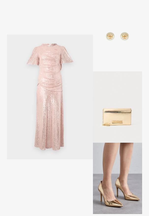Lang roze paillettenjurk met korte fluttermouwen, gegatherde textuur bij het lijfje en een vloeiende rok, wat zorgt voor een getailleerd silhouet.; Gouden hoge hakken met een spitse neus, voorzien van een gestructureerd slangenhuidpatroon en een gladde afwerking. De stilettohak voegt hoogte toe.; Gouden metalen rechthoekige clutch met kettingriem en "LOVE MOSCHINO" logo op het voorflapje.; Parelstuds met hardware in goudkleur en een uitgesneden logodesign. Glad, rond van vorm en met een glanzende afwerking.