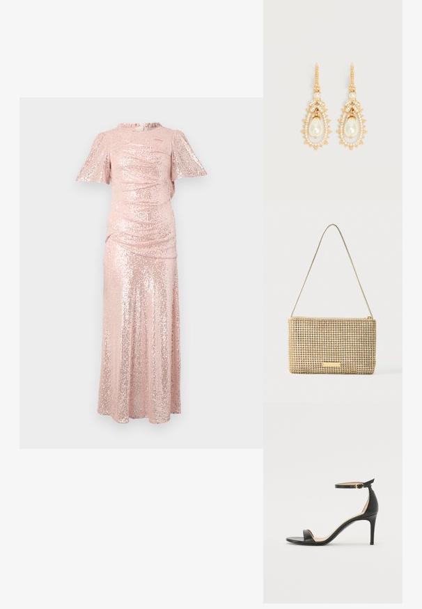 Langes pinkes Pailletten-Kleid mit kurzen, flatternden Ärmeln, gerafftem Oberteil und einem fließenden Rock, der eine figurbetonte Silhouette schafft.; Schwarze Leder-high-heeled Sandale mit Knöchelriemen. Verfügt über eine glatte Textur, offene Zehen und einen dünnen Absatz. Goldfarbener Schnallenakzent.; Goldene Clutch mit rechteckiger Form, bedeckt mit glänzenden silbernen Strasssteinen. Verfügt über einen dünnen, metallischen Schulterriemen und einen Reißverschluss.; Ohrhänger in Goldoptik mit tropfenförmigen Kunstperlen, umgeben von kleinen klaren Kristallen und blattförmigen Kristallakzenten.
