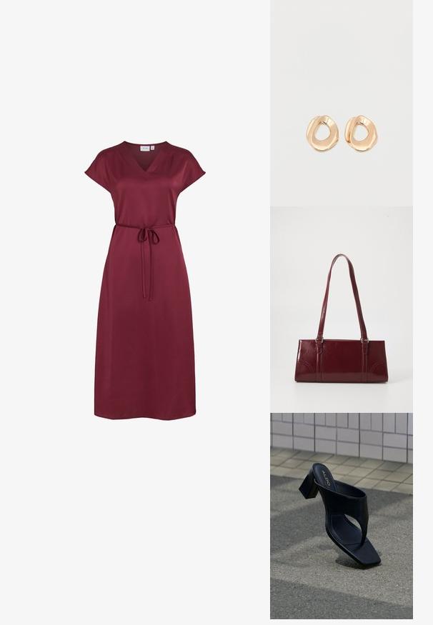 Bordeauxrotes Midikleid mit V-Ausschnitt, kurzen Ärmeln und dünnem selbstgebundenem Gürtel in der Taille aus glattem Stoff.; Schwarze Sandale mit Absatz, quadratischer Zehenpartie und breitem Riemen, auf grauem Asphalt nahe einer gefliesten Wand platziert.; Burgunderfarbene Handtasche aus glänzendem Material, rechteckige Form, mit zwei Schulterriemen und subtilen, geschwungenen Akzenten an der Vorderseite.; Paar unregelmäßig geformter, polierter Creolen aus goldfarbenem Metall mit offenem Zentrum auf weißem Hintergrund.