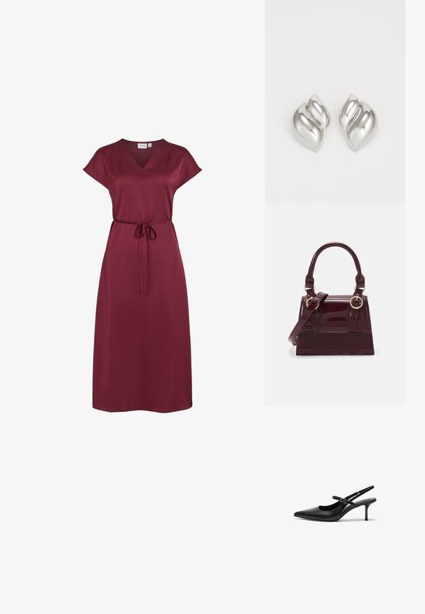 Bordeauxrotes Midikleid mit V-Ausschnitt, kurzen Ärmeln und dünnem selbstgebundenem Gürtel in der Taille aus glattem Stoff.; Schwarze Leder Slingback-Absätze mit einer spitzen Zehenform, schmalem verstellbarem Riemen und einem etwa 5 cm hohen Stiletto-Absatz, glatte Textur.; Burgunderfarbene Handtasche aus lackiertem Leder mit strukturiertem Design, doppeltem Griff und verstellbarem Schulterriemen. Sie verfügt über goldfarbene Beschläge und genähte Akzente.; Silberne Ohrringe mit einer organischen, abstrakten Form. Glatte, glänzende Oberfläche mit einem konischen Design. Mit dezenten Kurven und einem zentralen Linienelement.