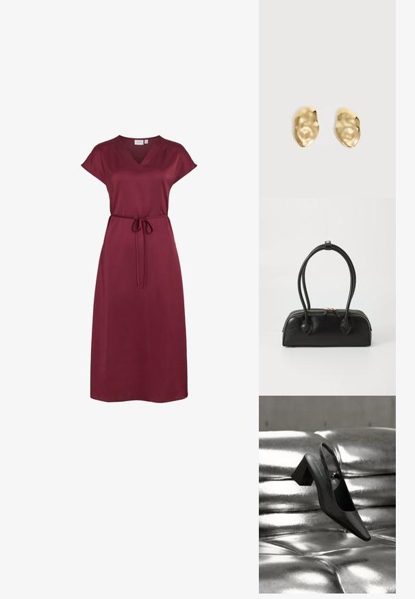 Vestido midi burdeos con escote en V, mangas cortas y un cinturón fino para atar en la cintura, hecho de tela lisa.; Tacón destalonado negro con punta en forma de pico, con superficie texturizada y tacón ancho y grueso. Colocado sobre un fondo metálico brillante.; Bolso de mano de cuero negro con dos asas alargadas, cierre de cremallera y forma redondeada; textura suave con un acabado ligeramente brillante.; Par de pendientes de metal dorado brillante, con forma irregular y superficie arrugada y lisa sobre un fondo claro y sencillo.