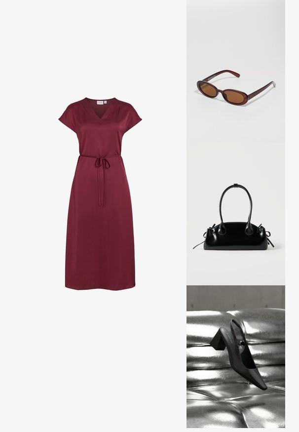 Bordeauxrotes Midikleid mit V-Ausschnitt, kurzen Ärmeln und dünnem selbstgebundenem Gürtel in der Taille aus glattem Stoff.; Schwarzer Slingback-Absatz mit spitz zulaufender Spitze, der eine strukturierte Oberfläche und einen massiven Blockabsatz aufweist. Auf einem glänzenden, metallischen Hintergrund platziert.; Runde, braun getönte Sonnenbrillen mit einem glänzenden burgunderfarbenen Rahmen. Schlanke Bügel mit dezentem Branding. Flaches Linsendesign.; Kleine schwarze glänzende Handtasche mit zwei langen Griffen und seitlichen Kordelzug-Details vor einfachem hellem Hintergrund.