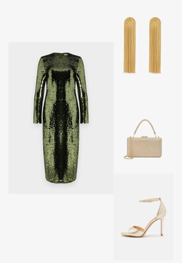 Langsleevige, vloerlange jurk bedekt met groene en zwarte pailletten. Kenmerkt zich door een ronde halslijn en een ritssluiting aan de achterkant.; ALDO CRERIDE PILLOW WALK - Sandalen - gold; Gouden rechthoekige avondclutch bedekt met sprankelende kristallen, met een korte handgreep en een afneembare schouderband, op een witte achtergrond.; Gouden oorbellen met lange, cascaderende kettingfranje met ronde toppen, die ingewikkelde verbindingen en een gladde textuur tonen.