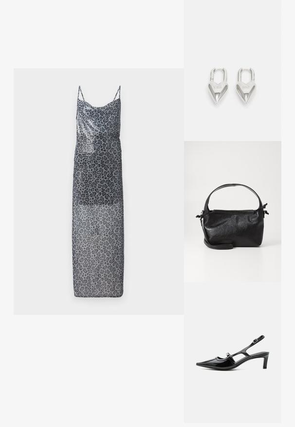 Maxi kjole med leopardmønster i gennemsigtigt gråt stof. Har tynde stropper og en løs pasform, der viser en ombre-effekt fra mørk til lys.; Sort laklæder spids tå slingback sko med lav hæl og to justerbare spænder, vist i sideprofil.; Sort læderhåndtaske med et struktureret design, rund tophåndtag og aftagelig skulderrem. Den har en glat tekstur og en subtil glans.; Sølv hjerteformede hængelåse med indgraveret "JA" og "NEJ" tekst, poleret finish, symmetrisk design og en robust metalklap.