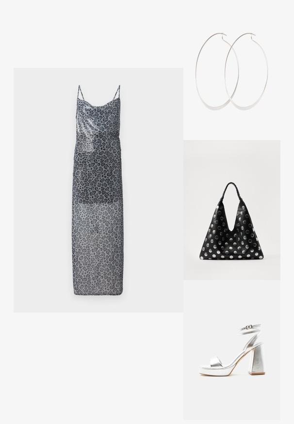 Maxi kjole med leopardmønster i gennemsigtigt gråt stof. Har tynde stropper og en løs pasform, der viser en ombre-effekt fra mørk til lys.; Sølv metallic højhælet sandal med ankelrem, blokhæl og åben tå på en ensartet lys baggrund.; Sort lædertaske med en trekantet form, udstyret med sølvfarvede metallic prikker og et tekstureret håndtag. Generelt glat finish.; Sølv hoops øreringe med et tyndt, glat design; langstrakt oval form; poleret finish; har en sikker krog lukning.