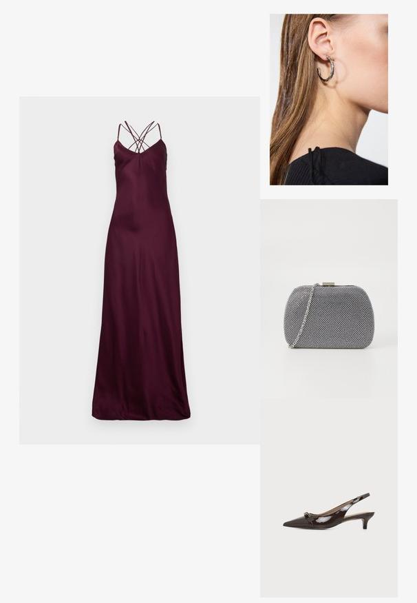 Burgunderry satin maxi-kjole med tynde stropper og krydset design på ryggen. Glat tekstur og tætsiddende silhuet. Ingen synlige mønstre eller hardware.; Skinnende mørkebrun pegefod-slingback sko med lav killingehæl og lille dekorativ spænde på frontstroppen.; Sorte og hvide teksturerede clutch-taske med rund form, sølvfarvet kædetrækt, og en metalspænde på toppen.; Sølv hoop ørestik med en poleret overflade, prydet med små guld accenter og en rund form, båret på øreflippen.