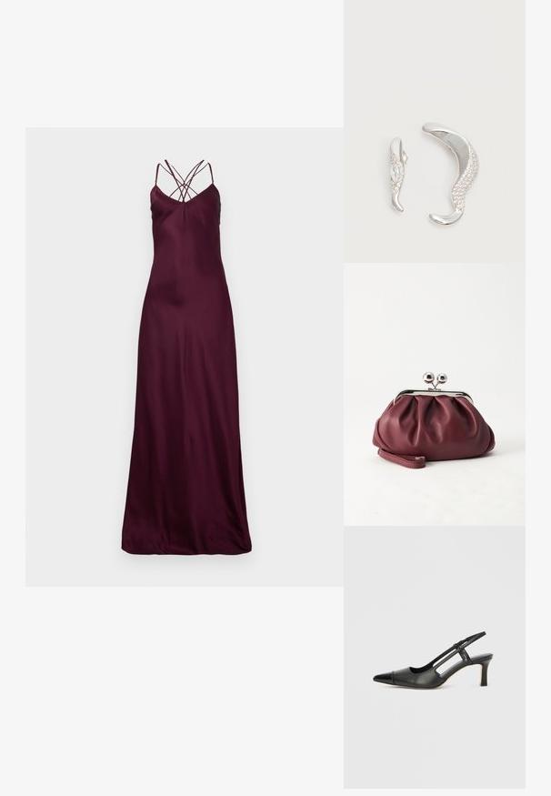 Robe maxi en satin bordeaux avec des fines bretelles et un design croisées au dos. Texture lisse et silhouette ajustée. Pas de motifs ou de matériels visibles.; Chaussure à bride arrière en cuir noir avec bout pointu, dotée d'un accent brillant sur le bout et d'un talon de hauteur moyenne. Design latéral ouvert.; Petit sac pochette en cuir bordeaux avec fermoir métallique argenté et bracelet sur fond blanc.; Deux boucles d'oreilles argentées courbées, l'une plus grande que l'autre, toutes deux ornées de petits cristaux scintillants le long d'un bord.