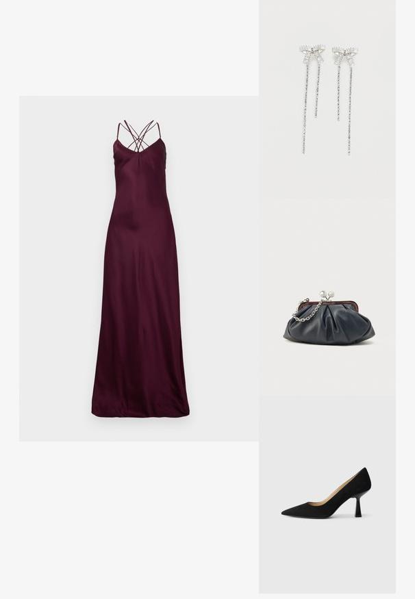 Burgundy satin maxi-mekko, jossa on ohuet hihnat ja ristikkäinen muotoilu selässä. Sujuva rakenne ja vartaloa myötäilevä siluetti. Ei näkyviä kuvioita tai kiinnikkeitä.; Mustat mokkanahasta valmistetut korkeat korkokengät, joissa on teräväkärkinen muotoilu. Kengissä on kiiltävä musta lohkokorko ja sileä sisävuori.; Merensininen nahkainen kukkaro, jossa poimutettu muotoilu, hopeaketju hihnana ja kissalukko suljetus. Pehmeä pinta, jossa hienovarainen kiilto.; Pitkät hopeiset korvakorut, joissa on ylhäällä kimaltava strassikimppu ja alapuolella roikkuvia pienempiä strassisäikeitä.