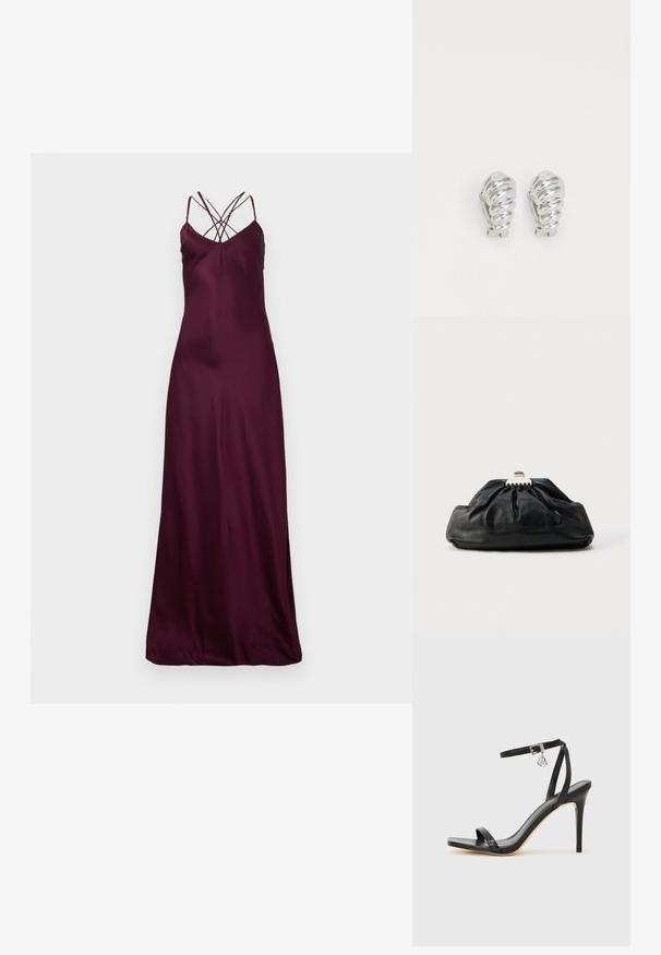 Bordeaux-satin Maxikleid mit dünnen Trägern und gekreuztem Design am Rücken. Glatte Textur und figurbetonte Silhouette. Keine sichtbaren Muster oder Hardware.; Schwarze High-Heel-Sandale mit schmalem Knöchelriemen, quadratischer Zehenbox, glattem Leder und metallischem Schnallenakzent.; Schwarze Leder-Clutch mit geraffter Textur, Metallverschluss und dezentem, auf der Vorderseite geprägtem Logo. Abgerundete Form.; Silberne Clip-On-Ohringe mit spiralförmigem Design, das eine glatte metallische Textur und abgerundete Formen aufweist. Keine sichtbaren Verzierungen oder Muster.