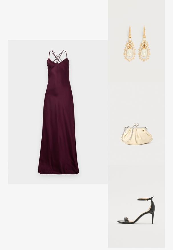 Burgundy satin maxi-mekko, jossa on ohuet hihnat ja ristikkäinen muotoilu selässä. Sujuva rakenne ja vartaloa myötäilevä siluetti. Ei näkyviä kuvioita tai kiinnikkeitä.; Musta nahkainen korkokenkä nilkkahihnalla. Sen pinta on sileä, avotoppi ja ohut korko. Kultasävyinen solk yksityiskohtana.; Beige nahkaista kassi, jossa on laskostus ja hopeinen metallirunko, kaksi pyöreää koristeellista solkea sekä hopeaketjuolkayh.; Kullanväriset roikkuvat korvakorut, joissa on tipunmuotoiset tekoniitit, ympäröitynä pienillä kirkkaina kristalleilla ja lehtimuotoisilla kristallikoristeilla.