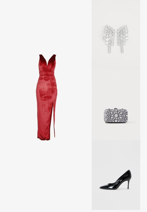 Robe en velours rouge avec un décolleté en V profond, un corsage ajusté et une fente latérale. Le design présente une texture lisse et une bordure en dentelle à l'ourlet.; Escarpin en cuir verni noir avec un bout pointu et un talon aiguille délicat. Texture lisse avec un fini brillant et un design minimaliste.; Petit sac pochette rectangulaire gris foncé orné de strass clairs disposés en motif rayonnant, avec une bandoulière chaîne argentée.; Boucles d'oreilles en cristal transparent au design allongé, mettant en évidence des pierres taillées en rectangle et en carré disposées en éventail. Texture de surface scintillante.