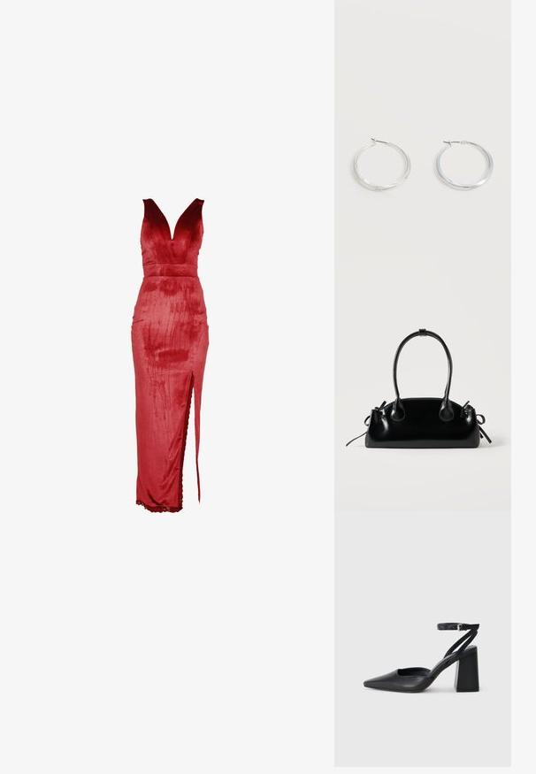Robe en velours rouge avec un décolleté en V profond, un corsage ajusté et une fente latérale. Le design présente une texture lisse et une bordure en dentelle à l'ourlet.; Escarpin noir en cuir à bout pointu avec une bride de cheville et un talon épais. Texture lisse, design élégant et esthétique minimaliste.; Petit sac à main noir brillant avec deux longues anses et des détails à cordon sur les côtés sur un fond clair uni.; Boucles d’oreilles créoles en métal argenté avec une surface lisse légèrement incurvée et des fermoirs à clapet sur un fond blanc uni.