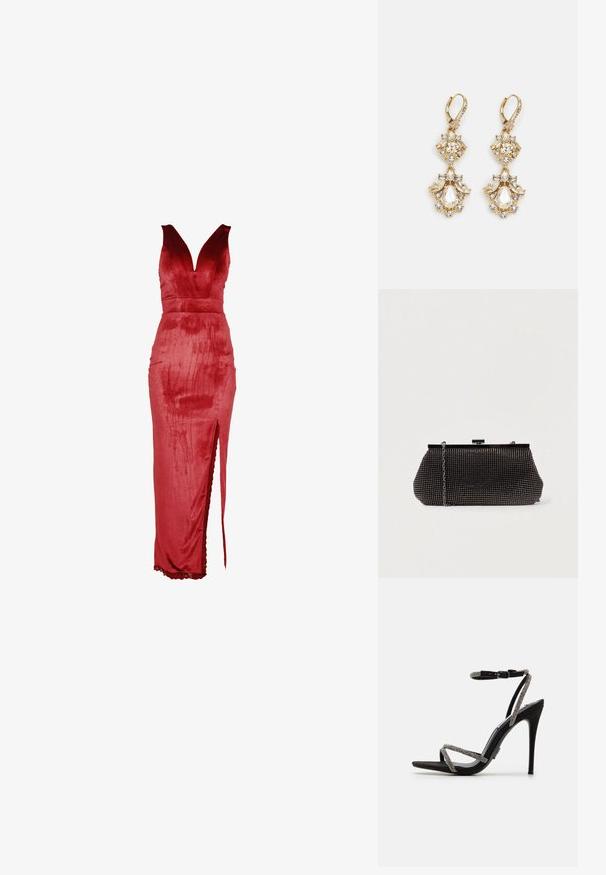 Robe en velours rouge avec un décolleté en V profond, un corsage ajusté et une fente latérale. Le design présente une texture lisse et une bordure en dentelle à l'ourlet.; Sandale noire à talons hauts avec des fines lanières ornées de bijoux et une boucle au niveau de la cheville. Matériau en daim, bout ouvert et silhouette fine et pointue.; Pochette noire en mesh avec une silhouette structurée, ornée de petits clous métalliques, dotée d'une fermeture à clip et d'une bandoulière en chaîne détachable.; Boucles d'oreilles pendantes dorées présentant un design en grappe avec des cristaux clairs ronds et en forme de goutte, mettant en valeur des détails élaborés.