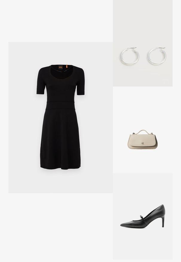 Robe noire à manches courtes avec un décolleté en V, une taille côtelée et une jupe évasée. Fabriquée en tissu lisse, avec une fente sur le côté.; Escarpin noir en cuir à bout pointu avec une fine bride et une boucle sur le cou-de-pied, posé sur un fond clair neutre.; Petit sac à main en cuir beige avec poignée supérieure et logo CK argenté sur le rabat avant, présenté sur fond blanc.; Paire de boucles d'oreilles créoles moyennes argentées brillantes avec de fines attaches métalliques sur un fond clair et neutre.