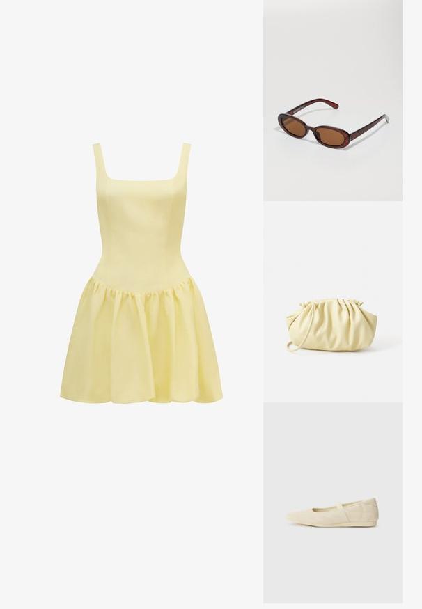 Vestido amarillo con escote cuadrado, tirantes delgados, corsé ajustado y falda acampanada y fruncida. Fabricado en un tejido ligero.; Bailarinas beige con un exterior de cuero liso, punta en forma de almendra y una correa elástica en el empeine, con detalles de costura sutiles.; Gafas de sol redondas con tinte marrón y un marco burdeos brillante. Patillas delgadas con un sutil detalle de marca. Diseño de lentes planos.; Bolso amarillo plisado hecho de cuero sintético suave, con una forma blanda y una sola correa para el hombro, además de un diseño de parte superior recogida.