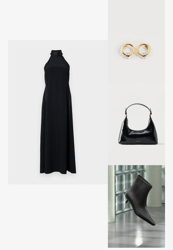 Vestido largo negro de cuello halter con una silueta elegante y fluida. Hecho de una tela suave, cuenta con un cuello alto y aberturas laterales.; Bota de cuero negro para el tobillo con puntera puntiaguda y tacón pequeño, exhibida frente a una pared de bloques de vidrio y un suelo pulido.; Bolso negro brillante de Calvin Klein con cremallera dorada y correa corta sobre un fondo blanco liso.; Pendientes circulares de oro con dos pequeños anillos de plata en cada uno, que muestran detalles sutiles del nombre de la marca grabado, colocados sobre un fondo blanco.
