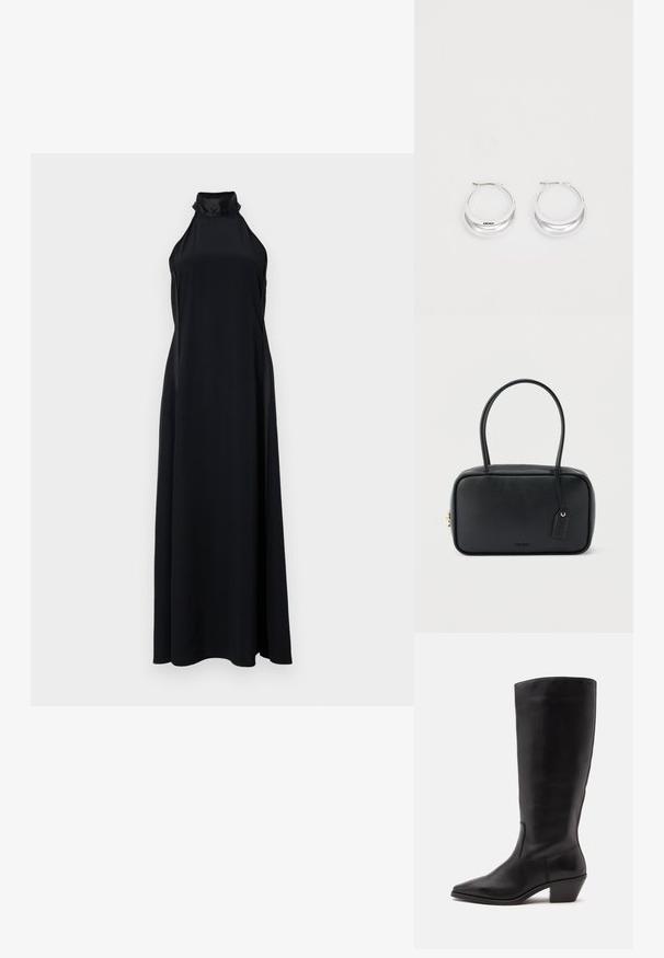 Vestido largo negro de cuello halter con una silueta elegante y fluida. Hecho de una tela suave, cuenta con un cuello alto y aberturas laterales.; Bota de cuero negra hasta la mitad de la pantorrilla con puntera puntiaguda y tacón bajo inclinado sobre un fondo claro y liso.; Bolso rectangular negro con asas dobles redondeadas, cremallera dorada y logo "HUGO" en relieve en el frente con etiqueta de cuero adjunta.; Pendientes de aro de plata con un acabado pulido y la marca DKNY, exhibidos sobre un fondo blanco liso.