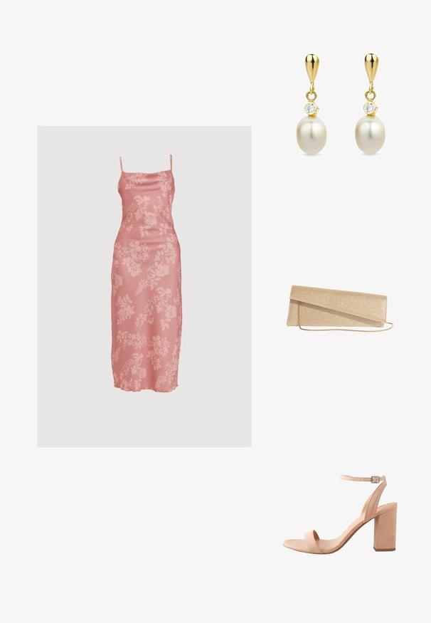 WAL G. CARA MIDI - Kokteilikleit/peokleit - blush pink; Heledad roosa sametist sandaal kontsaga, säärepaelaga, avatud varbaga ja plokk-kontsaga. Omab sujuvat tekstuuri ja minimalistlikku disaini.; Kuldne sädelev ristkülikukujuline käekott peene kuldse kettaga ja diagonaalse klapi sulgemisega.; Kuldne tilga-kujulised kõrvarõngad valgete pärlite ja väikeste läbipaistvate vääriskividega iga pärli kohal, valgel taustal eksponeeritud.