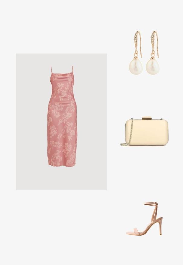 WAL G. CARA MIDI - Juhlamekko - blush pink; Vaaleanpunaiset korkokenkä-sandaalit, joissa on tyylikäs muotoilu, avonainen varvas, ohut nilkkaremmi ja sileä lakattu pinta. Varustettu hoikalla stilettokorkolla.; Kreminvärgad kuvertväska med en släthet yta, rektangulär form, gyllene beslag och en avtagbar kedja.; Korvot, jotka ovat ruusukultaa ja joissa on teksturoitu koukku, kirkkaat kivet ja valkoinen, pisaranmuotoinen helmi alhaalla.