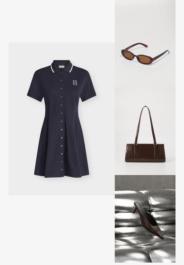 Robe polo bleu marine à manches courtes avec bordure blanche au col, fermeture à boutons sur le devant et petit logo blanc sur la partie supérieure gauche de la poitrine.; Mule à talon brun à bout pointu avec détail boucle flottant au-dessus d'une surface en cuir argenté capitonnée brillante.; Lunettes de soleil rondes teinte brun avec une monture bordeaux brillante. Branches fines avec un détail de marque subtil. Design de verres plats.; Sac à main en cuir verni marron de forme rectangulaire, avec deux longues poignées et des accents courbés subtils à l'avant.