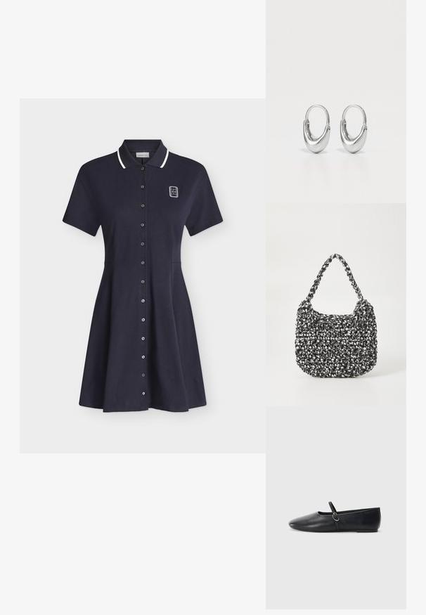 Robe polo bleu marine à manches courtes avec bordure blanche au col, fermeture à boutons sur le devant et petit logo blanc sur la partie supérieure gauche de la poitrine.; Ballerines noires en cuir avec un bout pointu, une semelle plate et une petite sangle avec un détail de boucle en argent.; Sac en osier noir et blanc de forme arrondie, avec une surface texturée et une poignée tressée. Convient à un usage décontracté.; Boucles d'oreilles en argent en forme de goutte d'eau, courbées et à finition polie. Dotées d'un fermoir sécurisé et d'une texture lisse.
