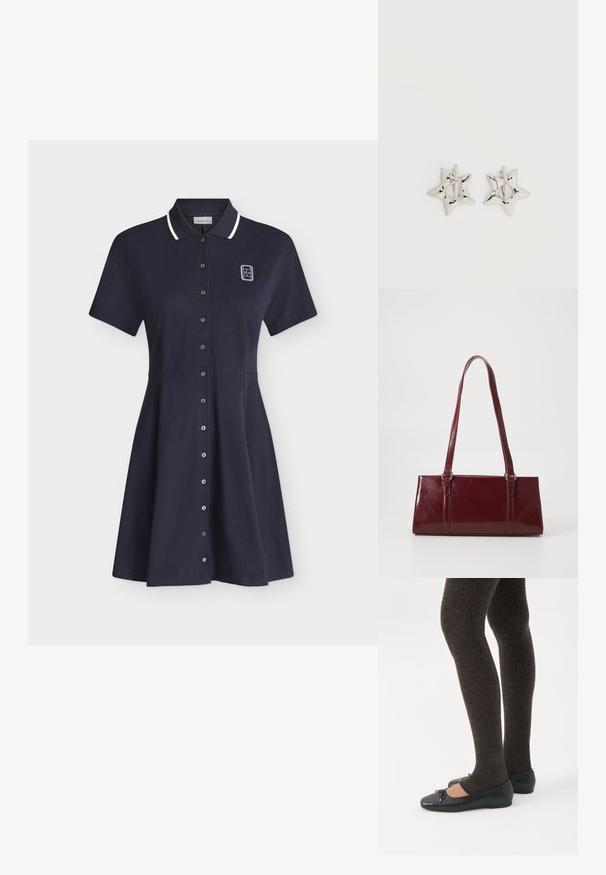 Robe polo bleu marine à manches courtes avec bordure blanche au col, fermeture à boutons sur le devant et petit logo blanc sur la partie supérieure gauche de la poitrine.; Jambes portant des leggings côtelés foncés associés à des ballerines noires avec de petits détails en nœud sur fond blanc.; Sac à main bordeaux en matériau brillant, de forme rectangulaire, avec deux anses et des accents légèrement courbés à l'avant.; Boucles d’oreilles créoles en forme d’étoile argentée avec une finition lisse et polie sur un fond blanc uni.