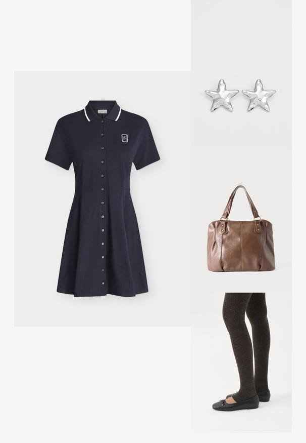 Robe polo bleu marine à manches courtes avec bordure blanche au col, fermeture à boutons sur le devant et petit logo blanc sur la partie supérieure gauche de la poitrine.; Jambes portant des leggings côtelés foncés associés à des ballerines noires avec de petits détails en nœud sur fond blanc.; Sac à main en cuir marron avec deux bandoulières attachées par des anneaux et rivets dorés, présenté sur un fond clair uni.; Boucles d'oreilles argentées en forme d'étoile, avec une surface lisse et brillante. Chaque boucle d'oreille possède cinq pointes et des détails subtils de texture de surface.