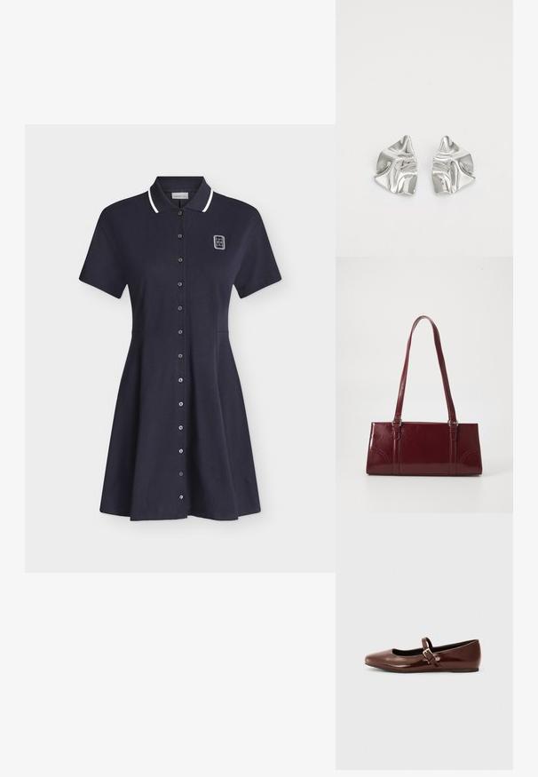 Robe polo bleu marine à manches courtes avec bordure blanche au col, fermeture à boutons sur le devant et petit logo blanc sur la partie supérieure gauche de la poitrine.; Ballerine en cuir verni marron avec un bout carré et une lanière ornée d'une petite boucle dorée. Texture lisse, talon bas et design minimaliste.; Sac à main bordeaux en matériau brillant, de forme rectangulaire, avec deux anses et des accents légèrement courbés à l'avant.; Boucles d'oreilles en métal argenté avec un design ondulé et sculptural, présentant une finition polie et des formes irrégulières, mettant en valeur une esthétique contemporaine.