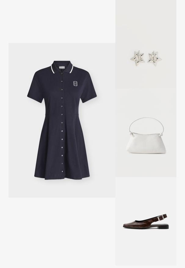 Robe polo bleu marine à manches courtes avec bordure blanche au col, fermeture à boutons sur le devant et petit logo blanc sur la partie supérieure gauche de la poitrine.; Chaussure plate slingback en cuir marron foncé avec bout carré, texture crocodile et boucle argentée sur la bride.; Sac à main en cuir tressé blanc avec poignée arrondie et extrémités de lanière nouées, présenté sur un fond uni.; Boucles d’oreilles créoles en forme d’étoile argentée avec une finition lisse et polie sur un fond blanc uni.