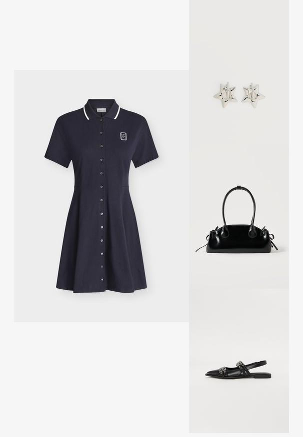 Robe polo bleu marine à manches courtes avec bordure blanche au col, fermeture à boutons sur le devant et petit logo blanc sur la partie supérieure gauche de la poitrine.; Even&Odd by Zalando Ballerines à brides arrière - black; Petit sac à main noir brillant avec deux longues anses et des détails à cordon sur les côtés sur un fond clair uni.; Boucles d’oreilles créoles en forme d’étoile argentée avec une finition lisse et polie sur un fond blanc uni.