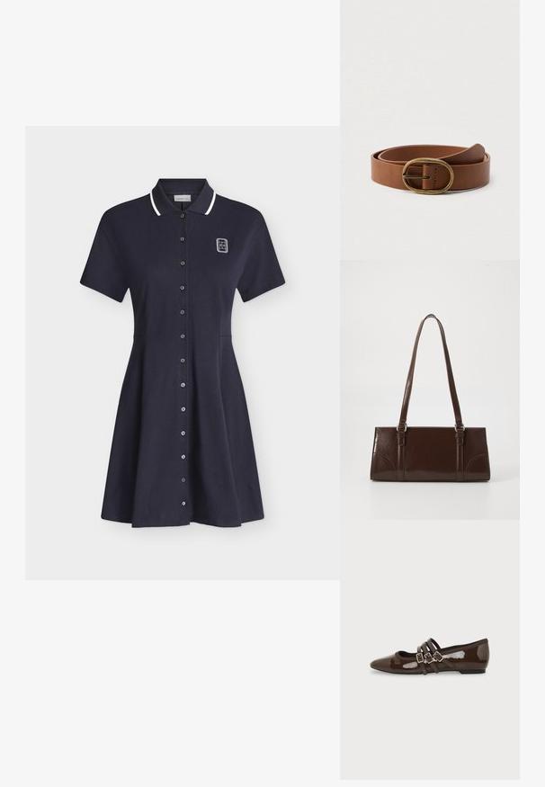 Robe polo bleu marine à manches courtes avec bordure blanche au col, fermeture à boutons sur le devant et petit logo blanc sur la partie supérieure gauche de la poitrine.; Chaussure plate en cuir verni marron avec bout pointu et trois brides ajustables à boucle sur le côté, vue du profil extérieur.; Sac à main en cuir verni marron de forme rectangulaire, avec deux longues poignées et des accents courbés subtils à l'avant.; Ceinture en cuir marron enroulée avec une boucle ovale en laiton, présentée sur un fond blanc uni.