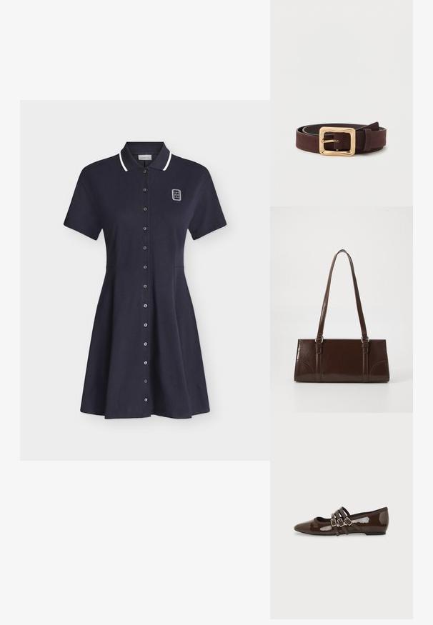 Robe polo bleu marine à manches courtes avec bordure blanche au col, fermeture à boutons sur le devant et petit logo blanc sur la partie supérieure gauche de la poitrine.; Chaussure plate en cuir verni marron avec bout pointu et trois brides ajustables à boucle sur le côté, vue du profil extérieur.; Sac à main en cuir verni marron de forme rectangulaire, avec deux longues poignées et des accents courbés subtils à l'avant.; Ceinture en cuir marron foncé avec une large boucle carrée dorée, enroulée à plat sur une surface blanche.