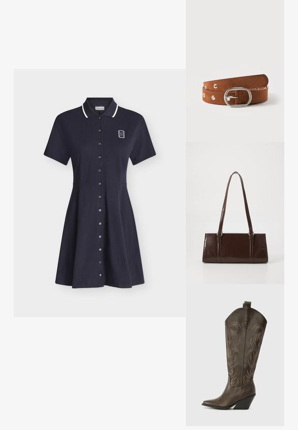 Robe polo bleu marine à manches courtes avec bordure blanche au col, fermeture à boutons sur le devant et petit logo blanc sur la partie supérieure gauche de la poitrine.; Botte de cowboy en cuir marron avec un embout pointu, un talon compensé et des broderies décoratives. Dispose d'un long tige et d'une languette de tirage.; Sac à main en cuir verni marron de forme rectangulaire, avec deux longues poignées et des accents courbés subtils à l'avant.; Ceinture en daim marron avec boucle ovale argentée et œillets métalliques, enroulée sur fond blanc.