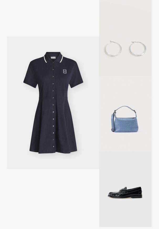 Robe polo bleu marine à manches courtes avec bordure blanche au col, fermeture à boutons sur le devant et petit logo blanc sur la partie supérieure gauche de la poitrine.; Mocassins en cuir noir avec un bout arrondi, des coutures décoratives et un petit accent doré sur le dessus. Semelle en caoutchouc plate, design épuré.; Sac à main bleu clair embossé façon crocodile avec une poignée courte et une bandoulière amovible. Texture lisse avec une fermeture éclair.; Boucles d’oreilles créoles en métal argenté avec une surface lisse légèrement incurvée et des fermoirs à clapet sur un fond blanc uni.