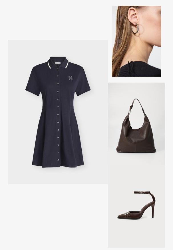 Robe polo bleu marine à manches courtes avec bordure blanche au col, fermeture à boutons sur le devant et petit logo blanc sur la partie supérieure gauche de la poitrine.; Chaussure à talon haut en cuir marron avec bout pointu, trois petites boucles argentées sur le devant et bride de cheville réglable avec boucle.; Zign by Zalando LEATHER - Cabas - chocolate brown; Boucle d'oreille en argent avec une finition polie, présentant de petits détails en or et de forme ronde, portée sur le lobe.