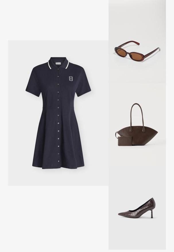 Robe polo bleu marine à manches courtes avec bordure blanche au col, fermeture à boutons sur le devant et petit logo blanc sur la partie supérieure gauche de la poitrine.; Escarpins à bout pointu en similicuir marron avec une texture crocodile, dotés d’un talon fin et angulaire ainsi que d’une doublure intérieure lisse.; Lunettes de soleil rondes teinte brun avec une monture bordeaux brillante. Branches fines avec un détail de marque subtil. Design de verres plats.; Sac à main en cuir marron foncé avec longues poignées et petite pochette assortie zippée sur un fond clair uni.