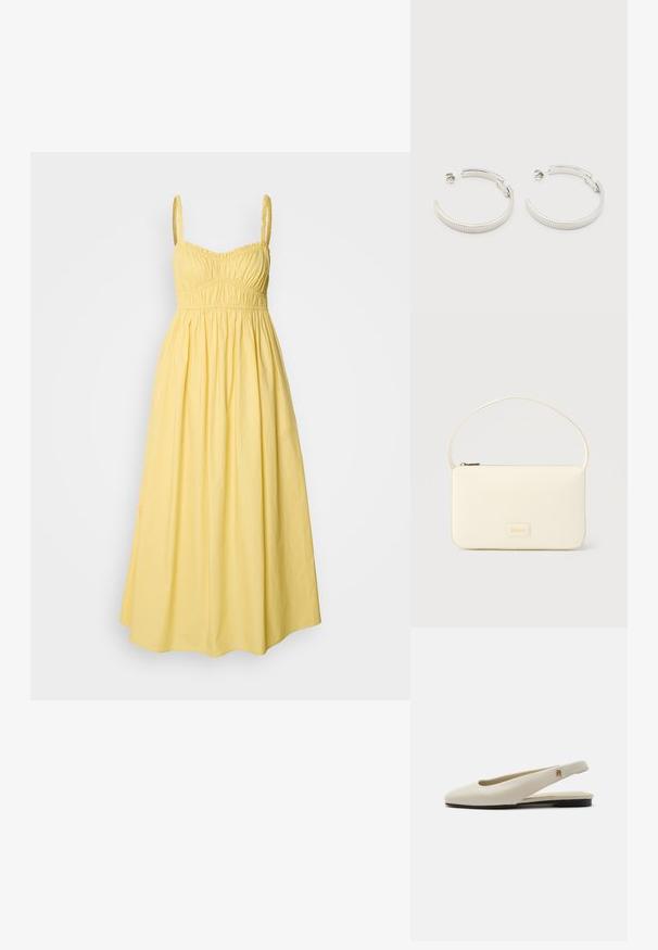 Vestido maxi amarillo sin mangas con corpiño ajustado, cintura fruncida y falda fluida en línea A. Confeccionado con tela de algodón suave.; Zapato plano slingback de cuero color crema con puntera redondeada y pequeño emblema dorado en la correa.; Bolso rectangular color crema con una sola correa y cremallera superior, con una pequeña placa de logotipo en relieve en el frente.; Pendientes de aro semicírculo en tono plateado con textura acanalada y cierre de presión sobre fondo blanco.