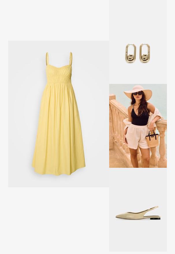 Vestido maxi amarillo sin mangas con corpiño ajustado, cintura fruncida y falda fluida en línea A. Confeccionado con tela de algodón suave.; Zapato plano beige con puntera puntiaguda, diseño slingback, tacón bajo negro y acabado en cuero liso, mostrado de perfil sobre un fondo liso.; Mujer con cabello largo que lleva un sombrero de ala ancha, top negro sin mangas, pantalones cortos blancos, gafas de sol, sosteniendo un pequeño bolso tejido junto a una barandilla de piedra.; BOSS DOUBLE B SWING - Pendientes - gold-coloured