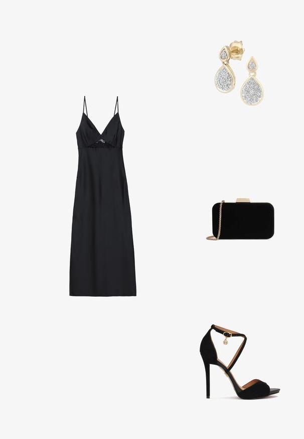 Vestido de satén negro con finas tirantes tipo spaghetti, escote en V y acento de encaje en el busto. Textura suave, largo hasta la rodilla, silueta ajustada.; Sandalia de tacón alto de ante negro con correas cruzadas en el tobillo, herrajes dorados, diseño de punta abierta y una suave plantilla de cuero.; Clutch de terciopelo negro con herrajes en tono dorado, de forma rectangular y con correa de cadena, que presenta una textura suave y sin patrones visibles.; Pendientes en forma de lágrima con un marco dorado y acentos plateados, adornados con múltiples piedras redondas brillantes en una disposición decorativa.