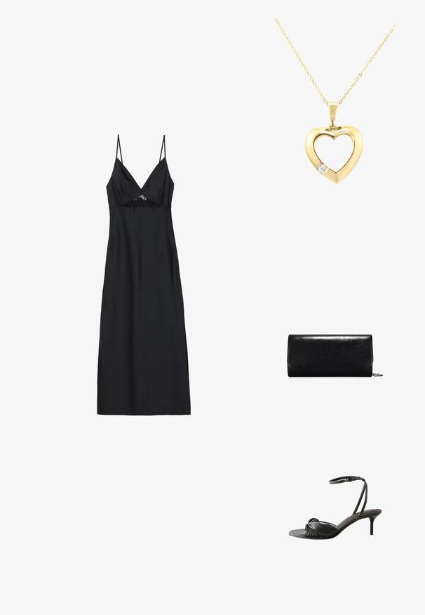 Vestido de satén negro con finas tirantes tipo spaghetti, escote en V y acento de encaje en el busto. Textura suave, largo hasta la rodilla, silueta ajustada.; Sandalia de tacón alto de cuero negro con tiras anudadas sobre los dedos y una tira fina en el tobillo con cierre de hebilla.; Clutch de cuero negro con una textura suave, forma rectangular y detalles con borde en la parte delantera. Incluye una correa de cadena desmontable.; DIAMANT L'ÉTERNEL Collar - gold coloured