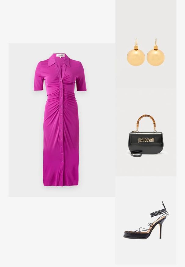 Vestido ajustado fucsia con mangas cortas, cierre de botones y detalle fruncido en la parte delantera, hecho de una tela suave y elástica.; Sandalia negra de tacón alto con finas tiras de cuero que envuelven el pie y el tobillo, con un tacón de aguja puntiagudo.; Bolso de cuero negro con el logo dorado "Just Cavalli" en el frente y asa curvada de bambú, con una correa larga desmontable.; Par de pendientes de bola navideña dorados brillantes con cierre de gancho sobre un fondo blanco liso.