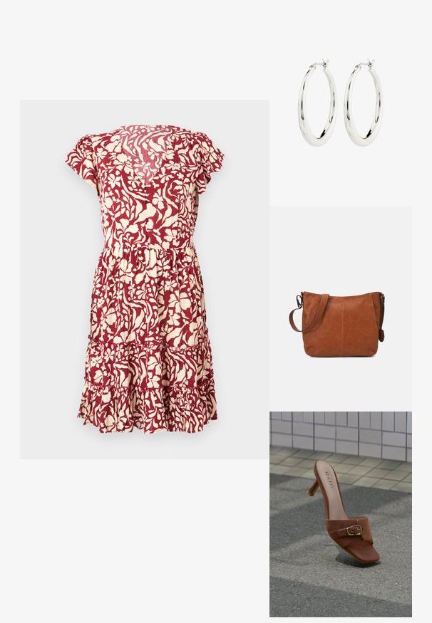 Vestido con estampado floral en burdeos y crema, con mangas cortas, cintura ajustada y un dobladillo con volantes en capas. Tejido ligero con un acabado texturizado.; Mule de cuero marrón con tacón, hebilla dorada y punta cuadrada, de pie sobre pavimento gris cerca de una pared con azulejos.; Bolso de hombro de cuero marrón con forma curva, correa ajustable y detalles de costura mínimos, que cuenta con un interior espacioso.; Pendientes de aro de plata con un acabado suave y brillante. Forma circular, con un cierre seguro. Diseño sencillo y elegante.