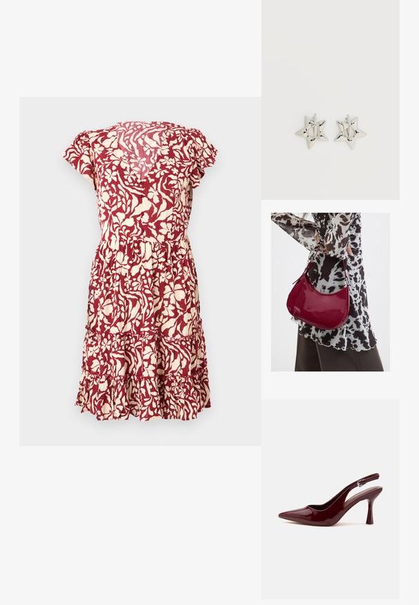 Vestido con estampado floral en burdeos y crema, con mangas cortas, cintura ajustada y un dobladillo con volantes en capas. Tejido ligero con un acabado texturizado.; Zapato de tacón alto con puntera puntiaguda y tira trasera en color rojo oscuro brillante, con una delgada correa ajustable y tacón de aguja afilado sobre fondo blanco.; Mujer con blusa de estampado en blanco y negro sosteniendo un bolso de hombro rojo brillante sobre un fondo liso.; Pendientes de aro plateados en forma de estrella con un acabado liso y pulido sobre un fondo blanco liso.