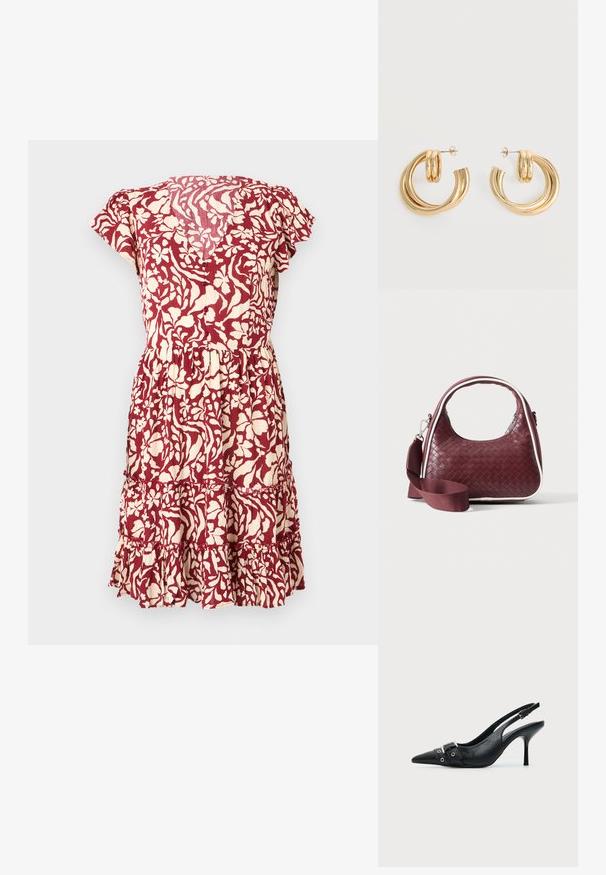 Vestido con estampado floral en burdeos y crema, con mangas cortas, cintura ajustada y un dobladillo con volantes en capas. Tejido ligero con un acabado texturizado.; Zapato de tacón alto tipo slingback de piel negra con puntera puntiaguda, con hebilla y detalle de tira con ojetes en la parte delantera.; Bolso de mano de cuero tejido color granate con asa curva, ribete blanco, cremallera plateada y correa desmontable de tela ancha para el hombro sobre fondo liso.; Par de pendientes de aro doble brillante de oro con cierres de presión sobre un fondo blanco.