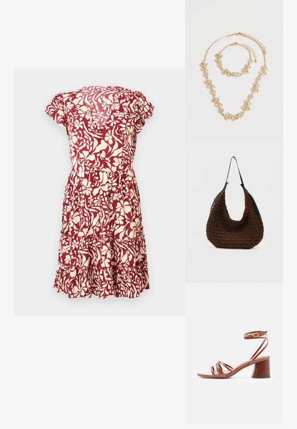 Vestido con estampado floral en burdeos y crema, con mangas cortas, cintura ajustada y un dobladillo con volantes en capas. Tejido ligero con un acabado texturizado.; Sandalia marrón con tiras, tacón cuadrado y hebilla de cierre en el tobillo, diseño minimalista, textura de cuero liso, vista lateral sobre fondo liso.; Bolso marrón tejido con una forma suave y redondeada y una única correa delgada negra para el hombro, sobre un fondo sencillo.; Juego de collar y pulsera en tono dorado con diseños florales y de hojas de cristal claro, ambos con cierres de cadena ajustables sobre un fondo blanco.