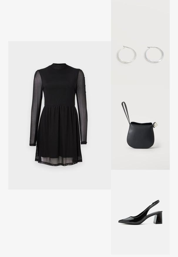 Zwarte jurk met een pasvormige lijfje, lange doorzichtige mouwen en een uitlopende rok. De halslijn is hoog en de stof is glad met een lichte glans.; Zwarte slingback schoen van lakleer met puntige neus en stevige middenhoge blokhak op een witte achtergrond.; Zwart leren polstasje met afgeronde bodem en zilveren gesp op een effen witte achtergrond.; Zilverkleurige metalen creolen oorbellen met een glad, licht gebogen oppervlak en sluitingen met haaksluiting op een effen witte achtergrond.