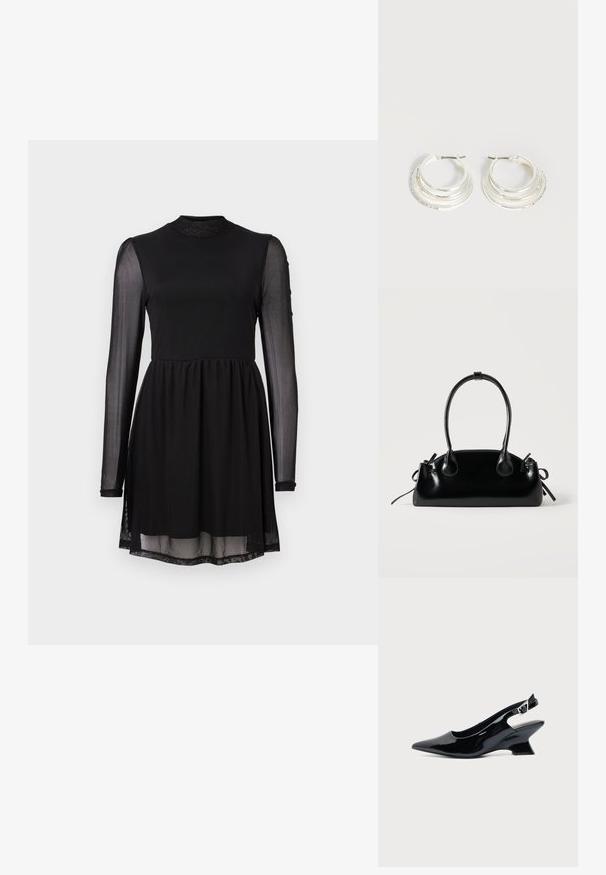 Zwarte jurk met een pasvormige lijfje, lange doorzichtige mouwen en een uitlopende rok. De halslijn is hoog en de stof is glad met een lichte glans.; Even&Odd REENA - Sleehakken - black; Kleine zwarte glanzende handtas met twee lange hengsels en zijkant trekkoord details op een effen lichte achtergrond.; Zilveren oorringen met drie gelaagde halve cirkelvormige banden, waarvan één versierd met kleine heldere kristallen op een lichte achtergrond.