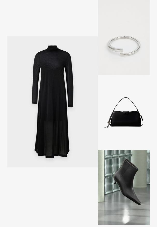 Schwarzes langärmeliges Kleid mit hohem Kragen und einem fließenden, transparenten Rock. Hergestellt aus leichtem, strukturiertem Stoff mit einem taillierten Oberteil.; Schwarzer Leder-Knöchelstiefel mit spitzer Spitze und kleinem Absatz vor einer Wand aus Glasbausteinen und einem polierten Boden.; Schwarze, rechteckige Calvin Klein Handtasche mit einem einzelnen Tragegriff oben, silbernem Logo-Anhänger und kleinem Klappverschluss auf der Vorderseite.; Calvin Klein SPIRAL - Armband - silver-coloured